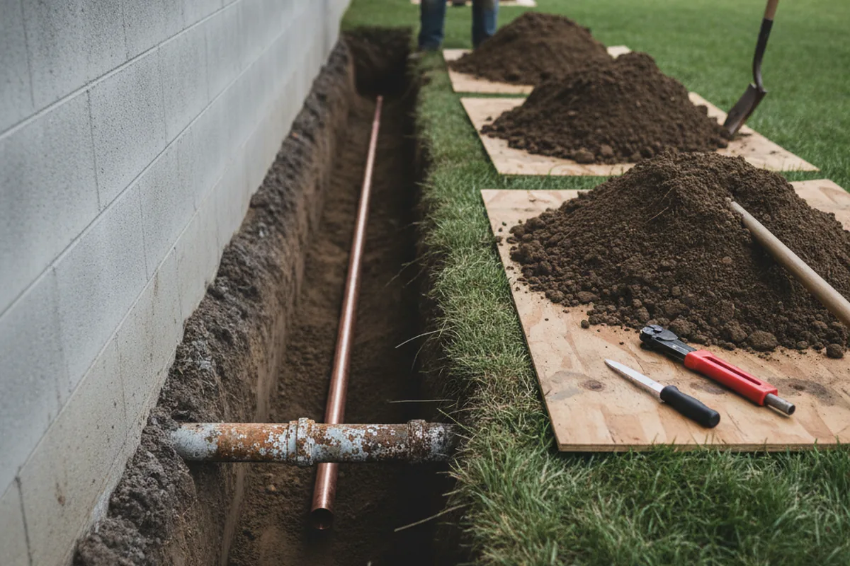 Excavated water line trench during Sewer Line Repair in Kannapolis